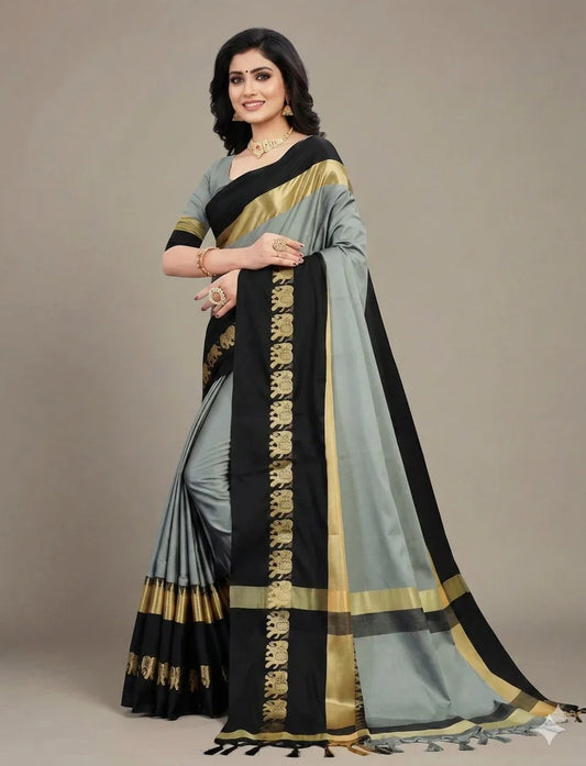 Hathi Design Grey & Black Gadwal Cotton Silk Saree