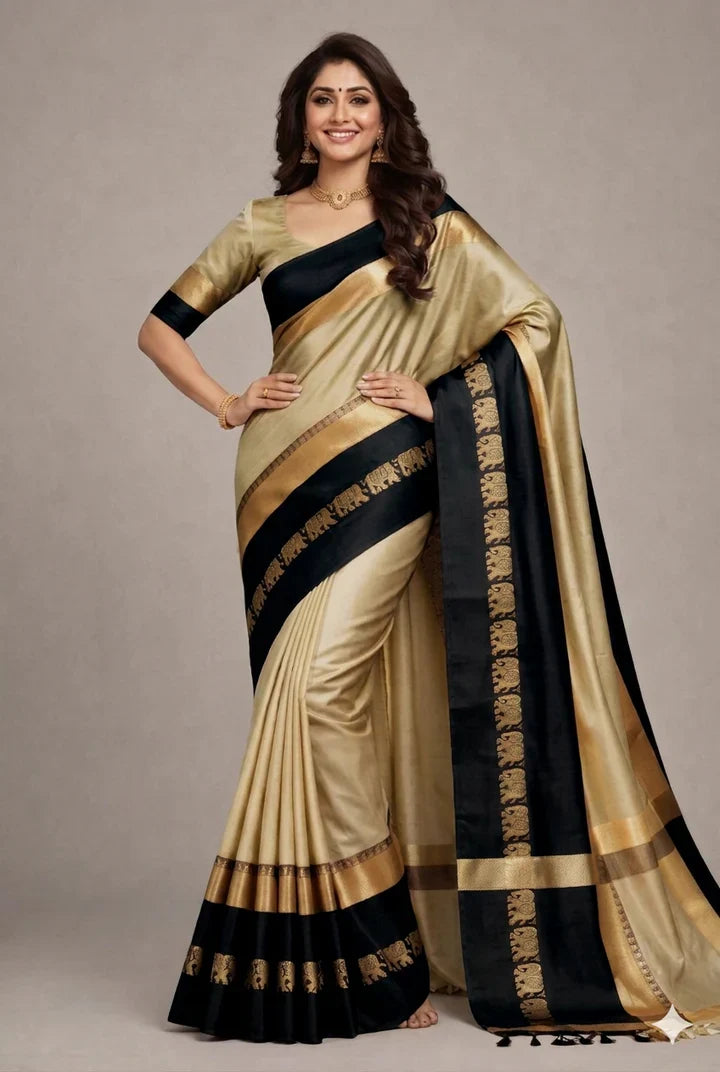 Hathi Design Tussar Black Gadwal Cotton Silk Saree