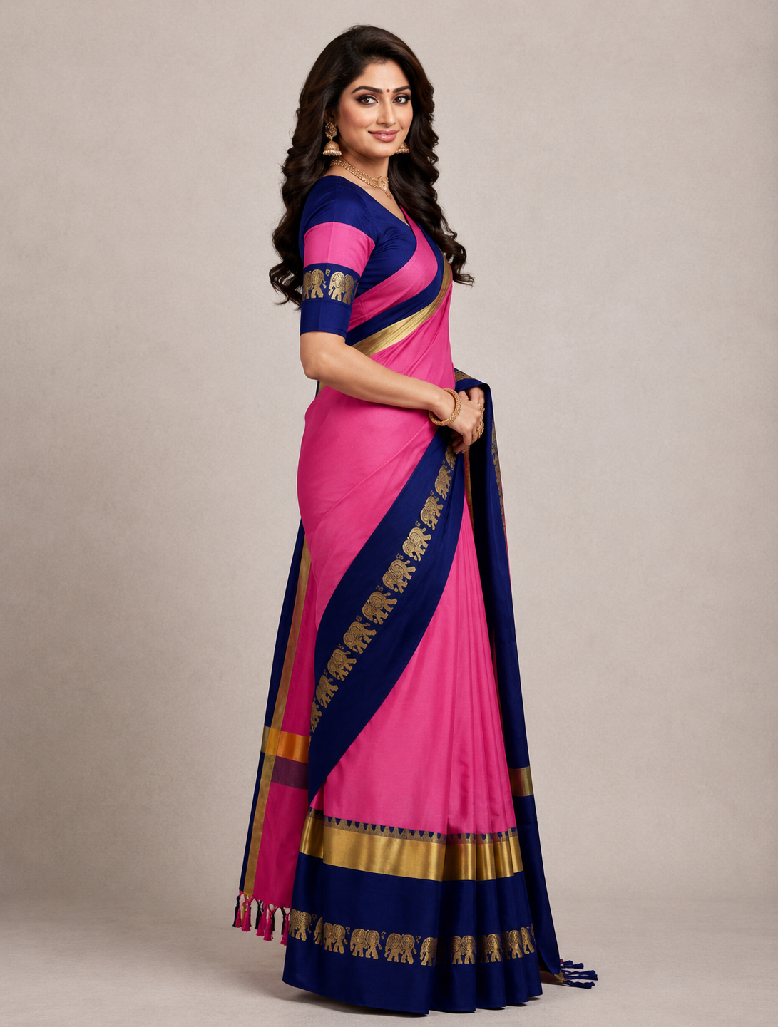 Hathi Design Pink & Blue Gadwal Cotton Silk Saree