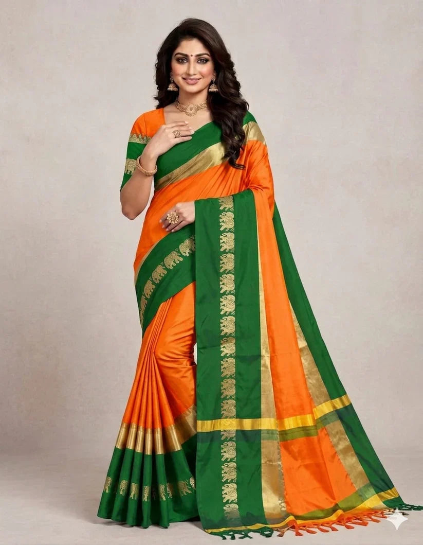 Hathi Design Gold & Green Gadwal Cotton Silk Saree