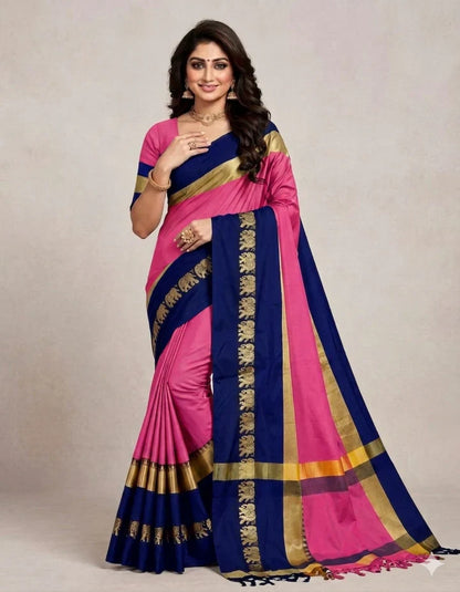 Hathi Design Pink & Blue Gadwal Cotton Silk Saree