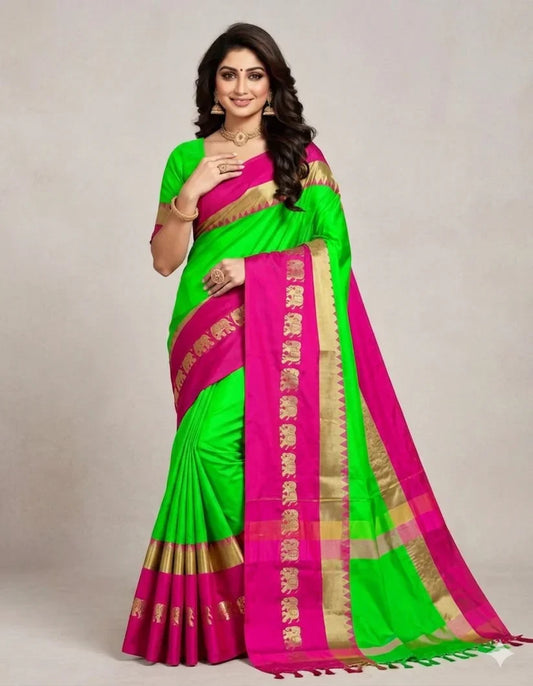Hathi Design Popati Rani (Green & Pink) Gadwal Cotton Silk Saree