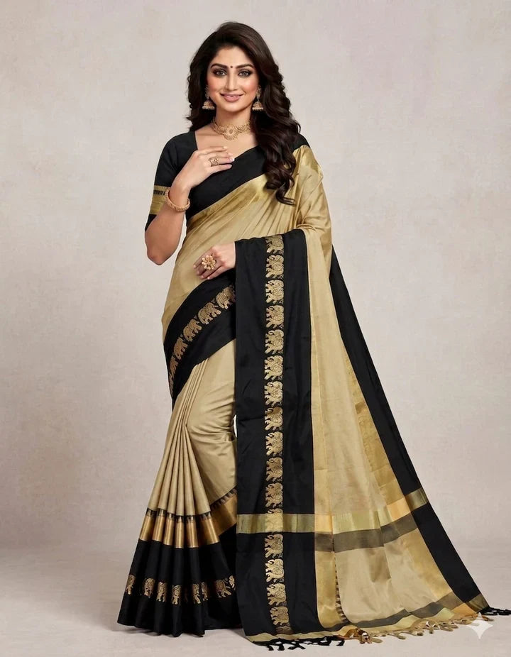 Hathi Design Tussar Black Gadwal Cotton Silk Saree