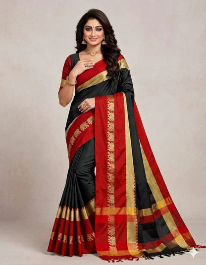 Hathi Design Black & Red Gadwal Cotton Silk Saree