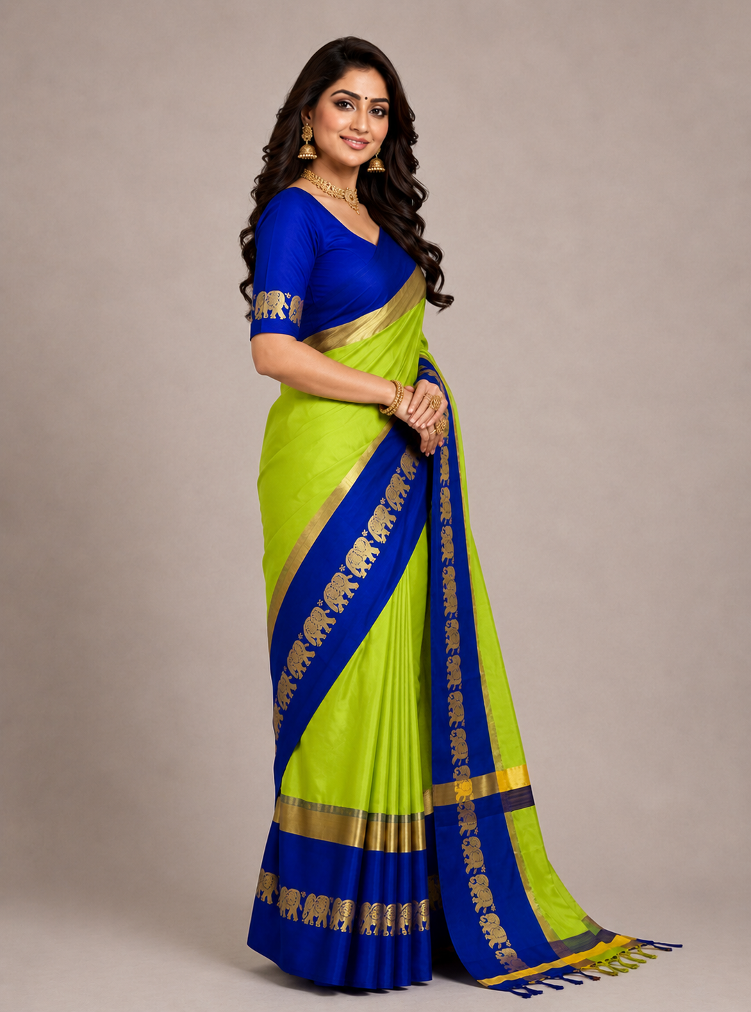 Hathi Design Lemon & Blue Gadwal Cotton Silk Saree
