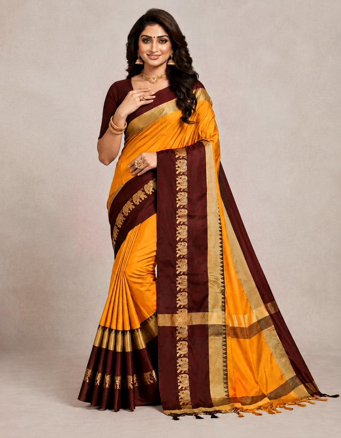Hathi Design Gold & Coffee Gadwal Cotton Silk Saree