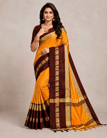 Hathi Design Gold & Coffee Gadwal Cotton Silk Saree