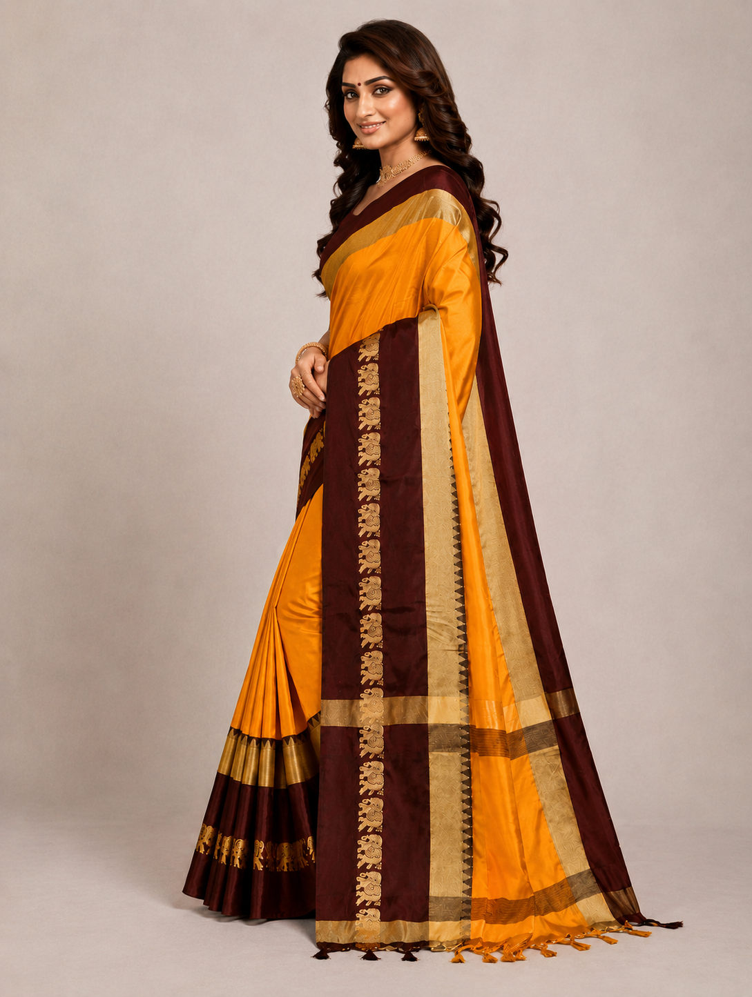 Hathi Design Gold & Coffee Gadwal Cotton Silk Saree