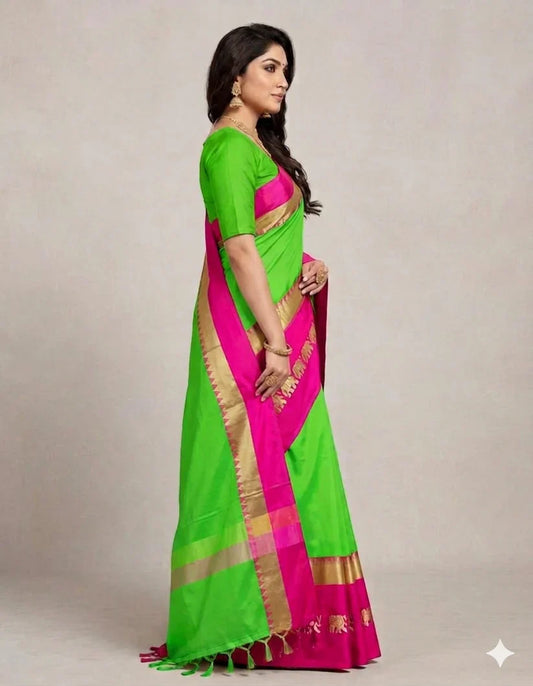 Hathi Design Popati Rani (Green & Pink) Gadwal Cotton Silk Saree