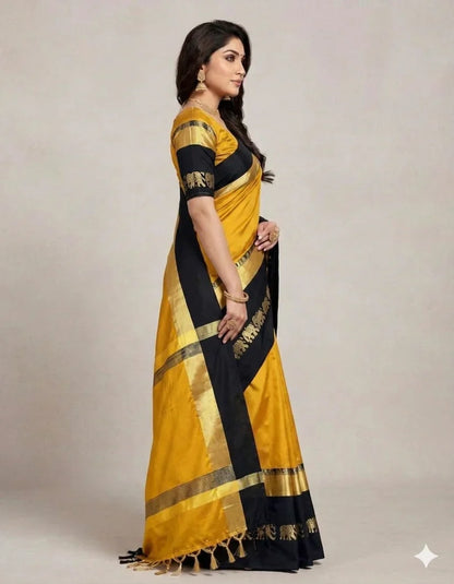 Hathi Design Gold & Black Gadwal Cotton Silk Saree