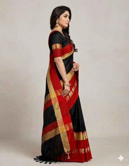 Hathi Design Black & Red Gadwal Cotton Silk Saree