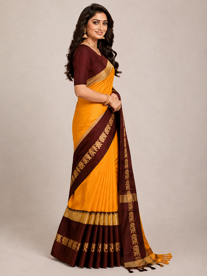 Hathi Design Gold & Coffee Gadwal Cotton Silk Saree