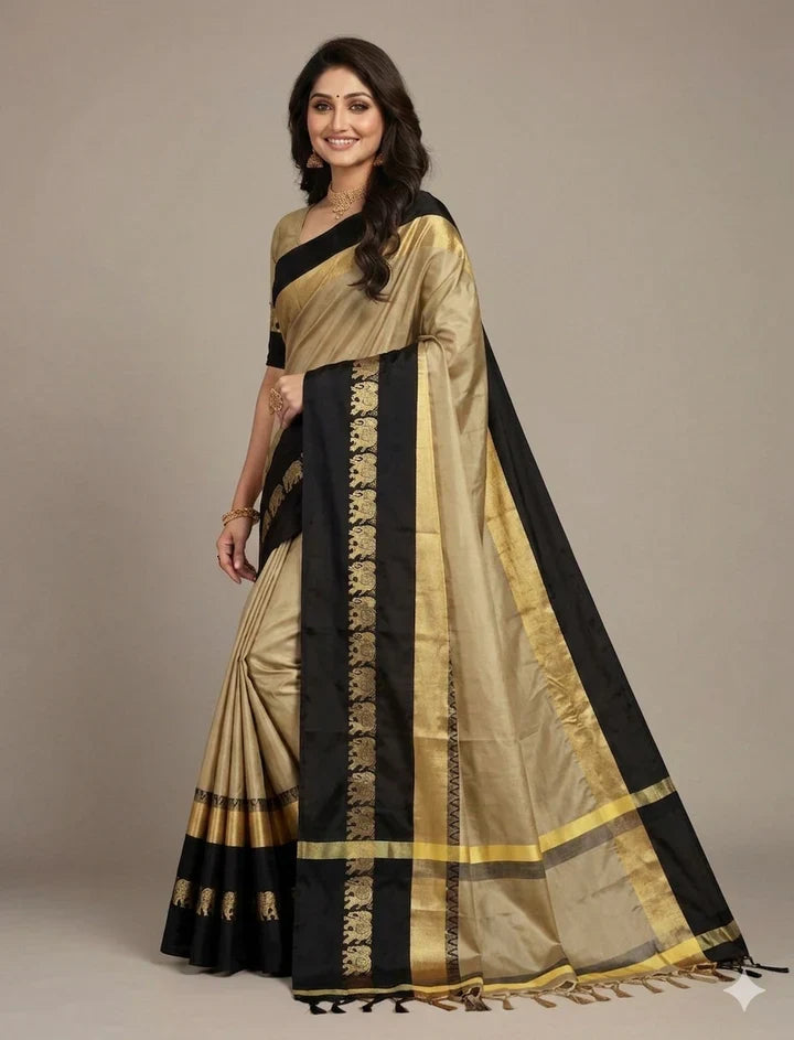 Hathi Design Tussar Black Gadwal Cotton Silk Saree