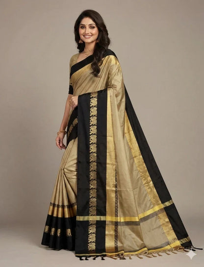 Hathi Design Tussar Black Gadwal Cotton Silk Saree
