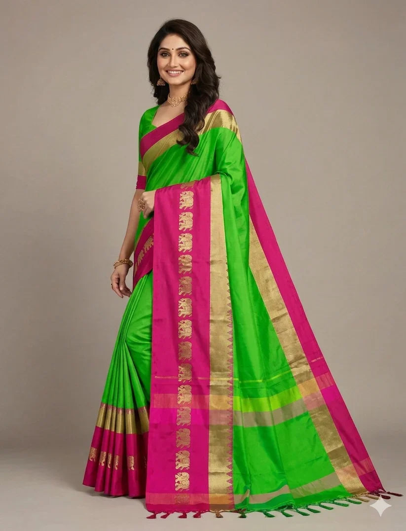 Hathi Design Popati Rani (Green & Pink) Gadwal Cotton Silk Saree