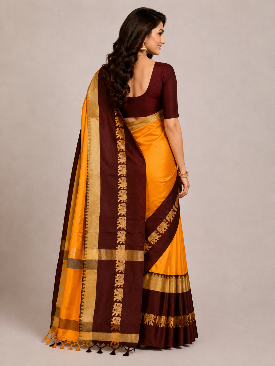 Hathi Design Gold & Coffee Gadwal Cotton Silk Saree