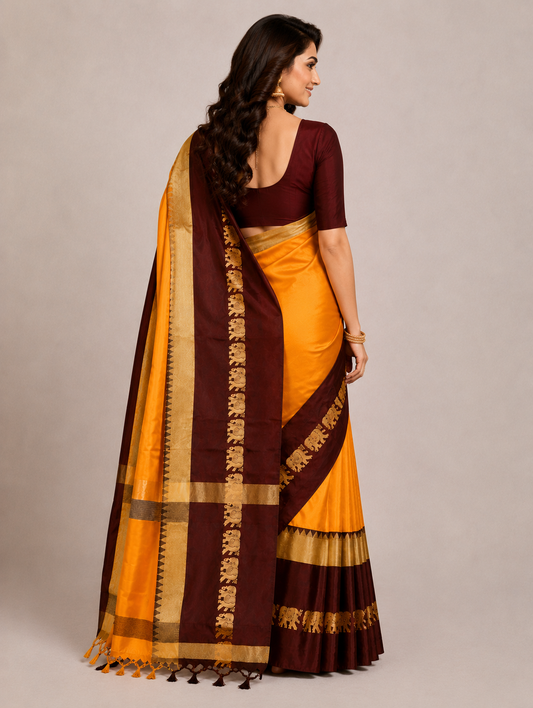 Hathi Design Gold & Coffee Gadwal Cotton Silk Saree
