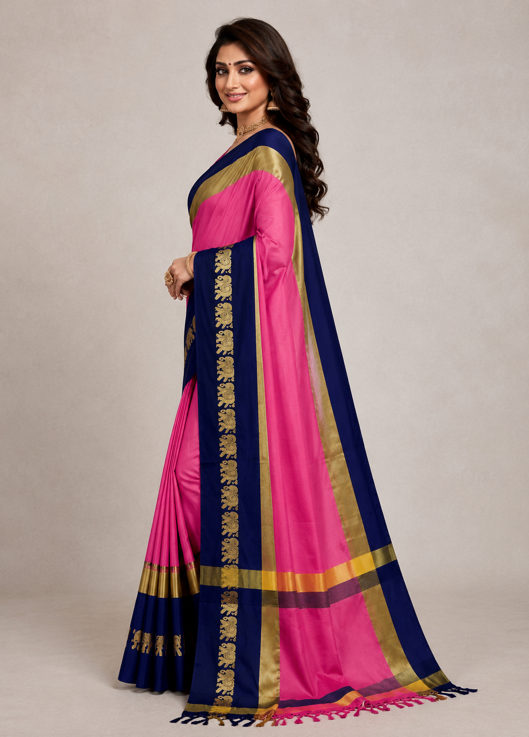 Hathi Design Pink & Blue Gadwal Cotton Silk Saree