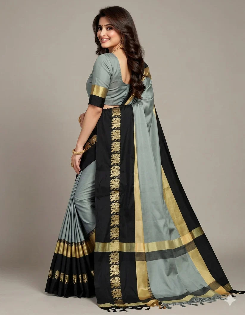 Hathi Design Grey & Black Gadwal Cotton Silk Saree
