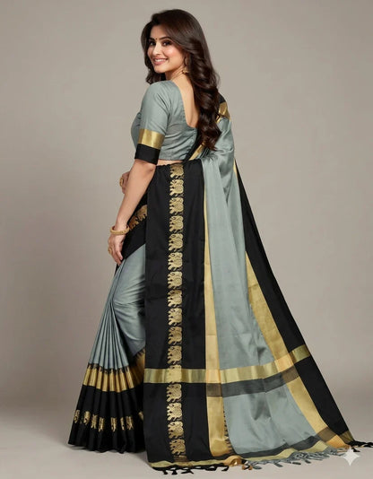 Hathi Design Grey & Black Gadwal Cotton Silk Saree