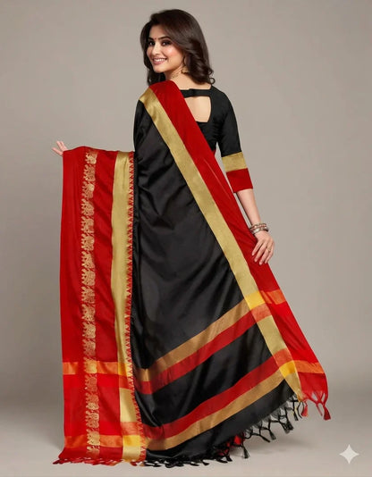 Hathi Design Black & Red Gadwal Cotton Silk Saree