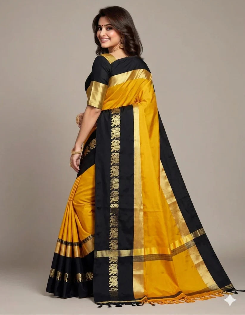 Hathi Design Gold & Black Gadwal Cotton Silk Saree
