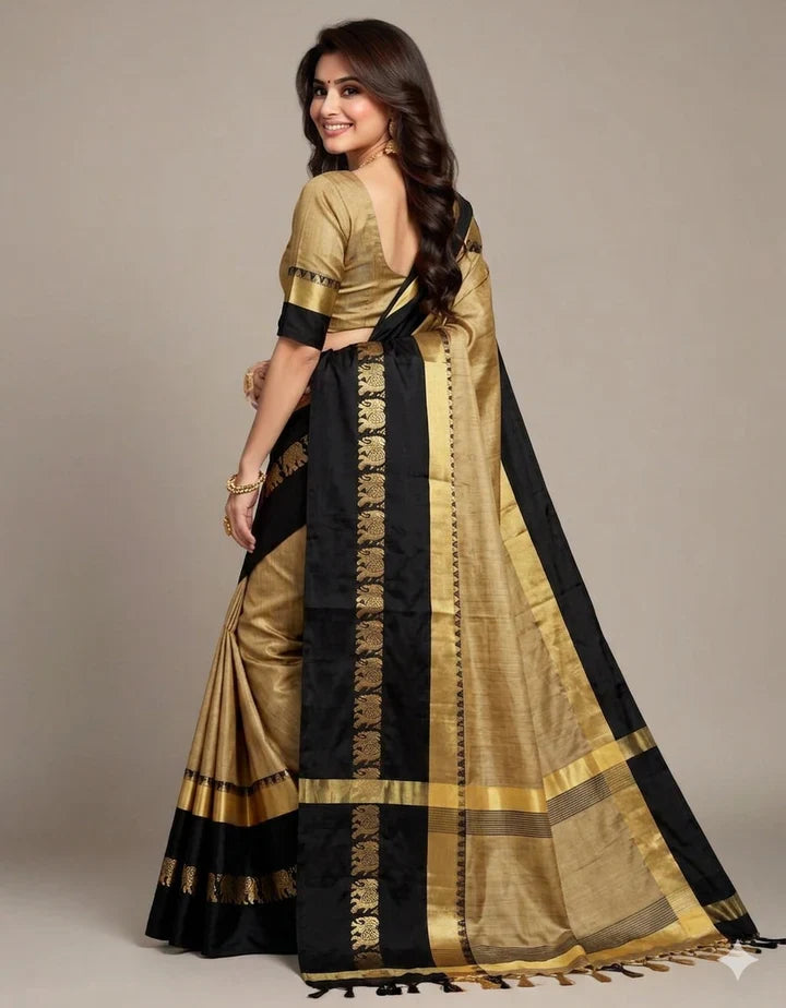 Hathi Design Tussar Black Gadwal Cotton Silk Saree