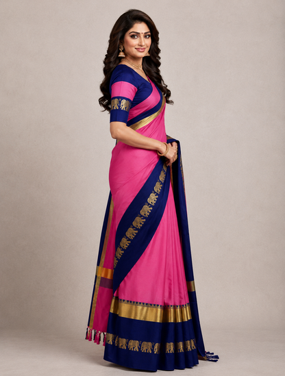 Hathi Design Pink & Blue Gadwal Cotton Silk Saree