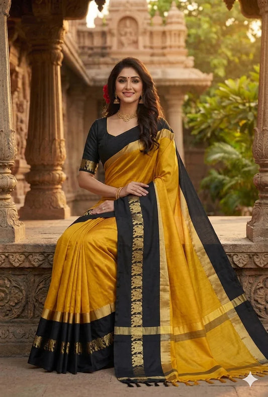 Hathi Design Gold & Black Gadwal Cotton Silk Saree