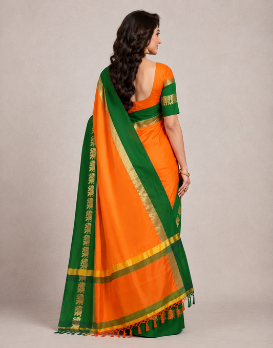 Hathi Design Gold & Green Gadwal Cotton Silk Saree