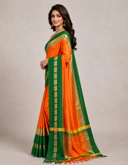 Hathi Design Gold & Green Gadwal Cotton Silk Saree