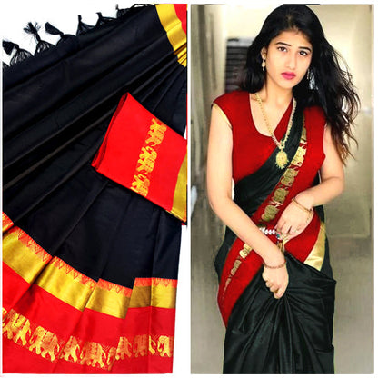 Hathi Design Black & Red Gadwal Cotton Silk Saree