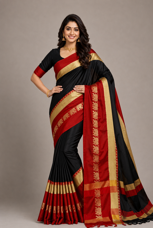 Hathi Design Black & Red Gadwal Cotton Silk Saree