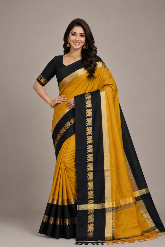 Hathi Design Gold & Black Gadwal Cotton Silk Saree