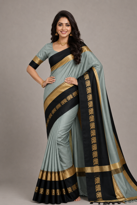 Hathi Design Grey & Black Gadwal Cotton Silk Saree