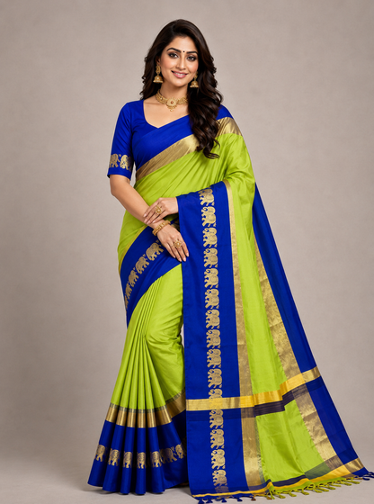 Hathi Design Lemon & Blue Gadwal Cotton Silk Saree