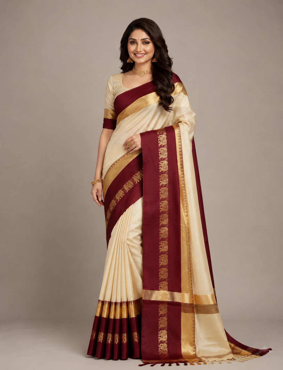 Hathi Design Tussar Shaljam (Turnip Purple) Gadwal Cotton Silk Saree
