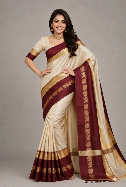 Hathi Design Tussar Shaljam (Turnip Purple) Gadwal Cotton Silk Saree