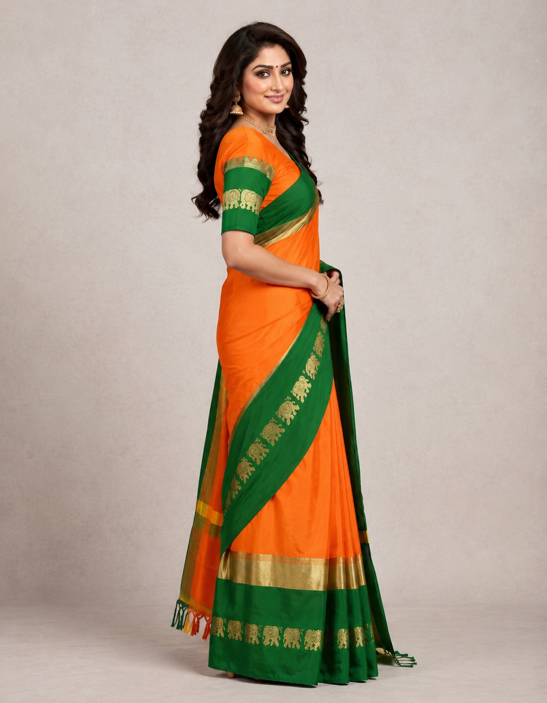 Hathi Design Gold & Green Gadwal Cotton Silk Saree