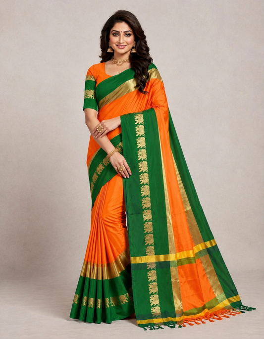 Hathi Design Gold & Green Gadwal Cotton Silk Saree