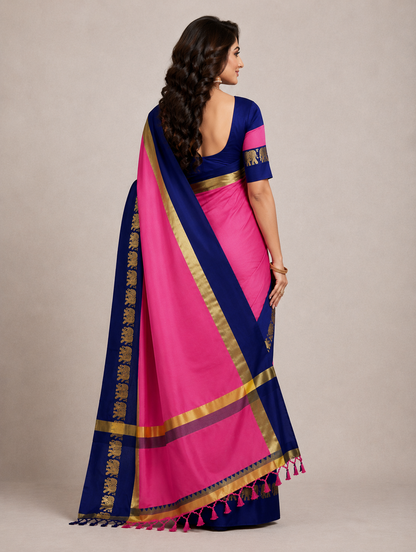 Hathi Design Pink & Blue Gadwal Cotton Silk Saree